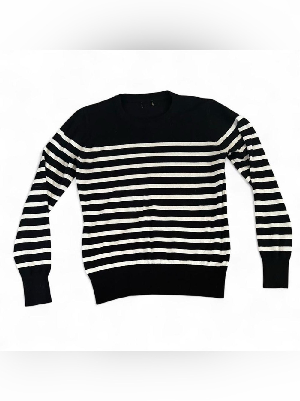 Men's Black and White Striped Crewneck Sweater